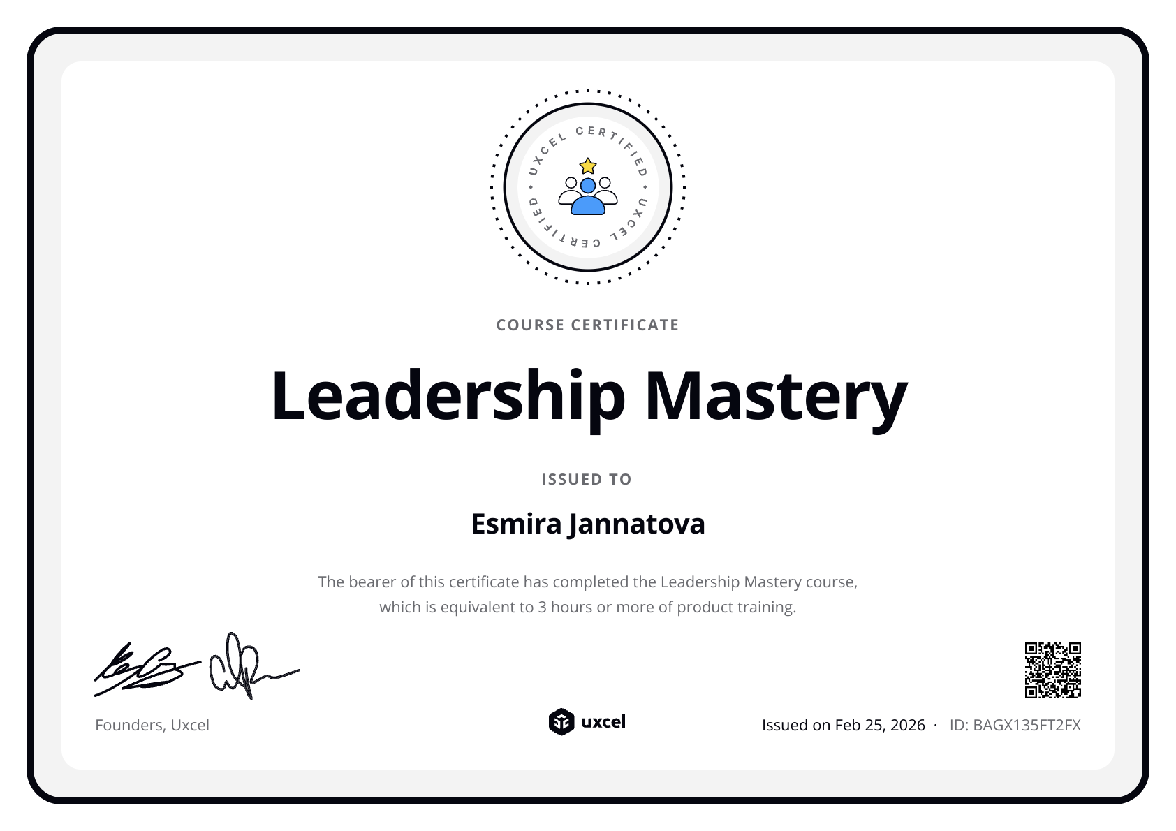 Esmira Jannatova's certificate